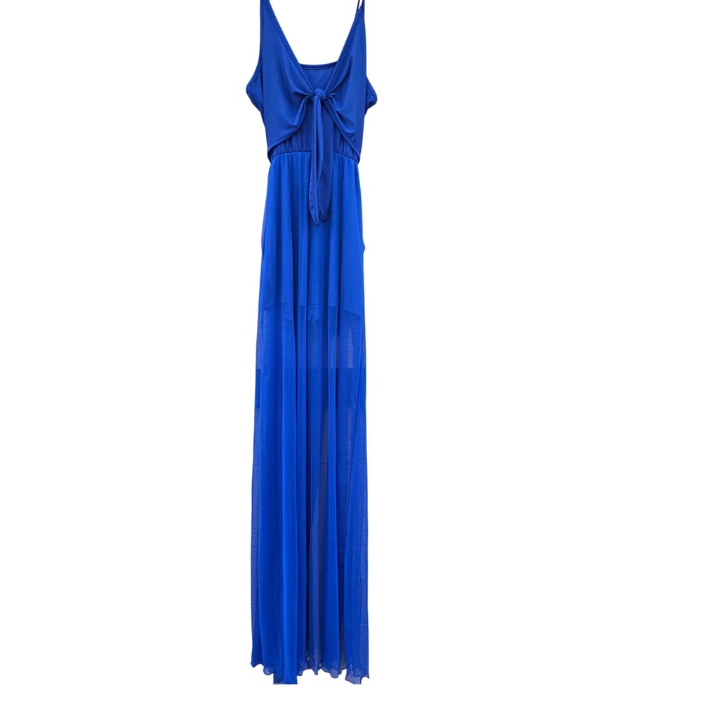 Royal Blue Spaghetti Strap Romper Maxi Dress Tie Front Sheer Overlay